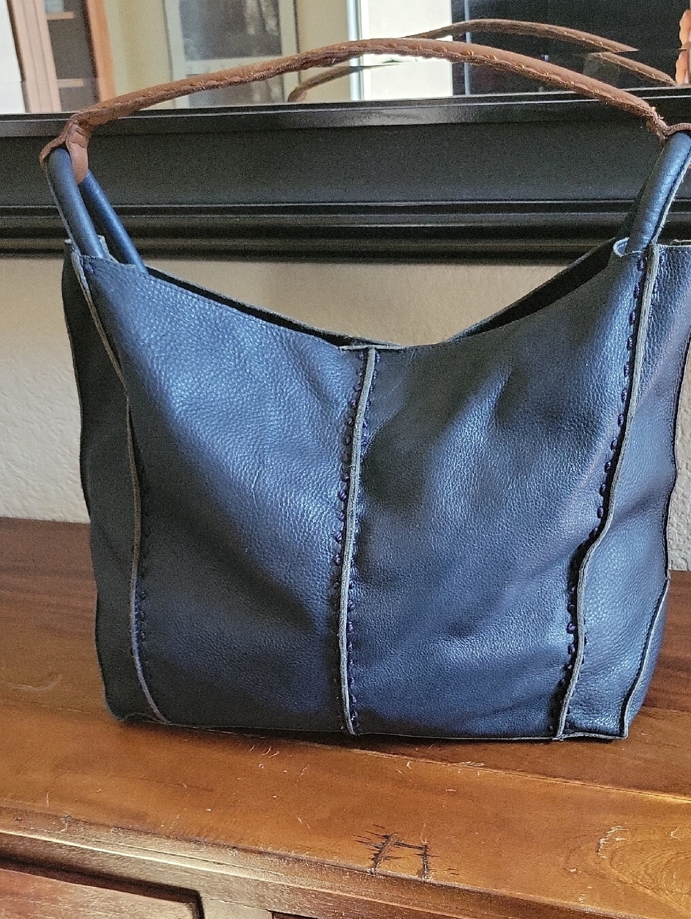 The Sak Indigo Los Feliz Leather Tote Bag with Brown Handle